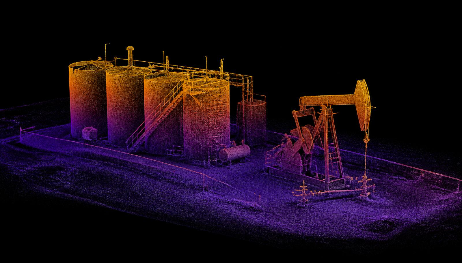 Point cloud of a tank battery rendered in false color