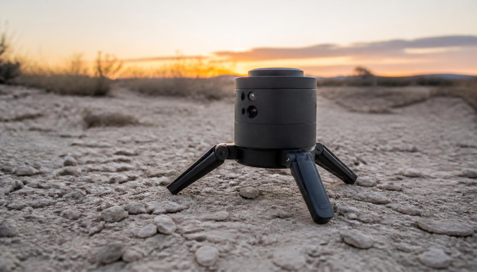 A Pointer sensor pod deployed on caliche ground at dawn