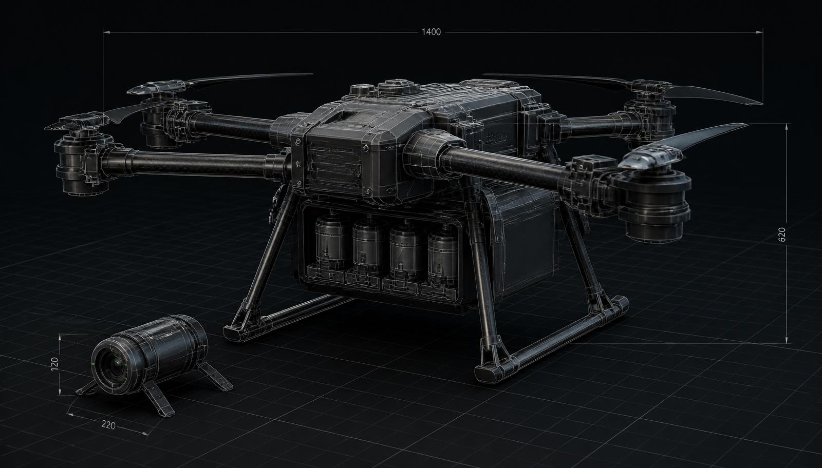 Engineering render of the Remuda carrier quadcopter with Pointer sensor pods