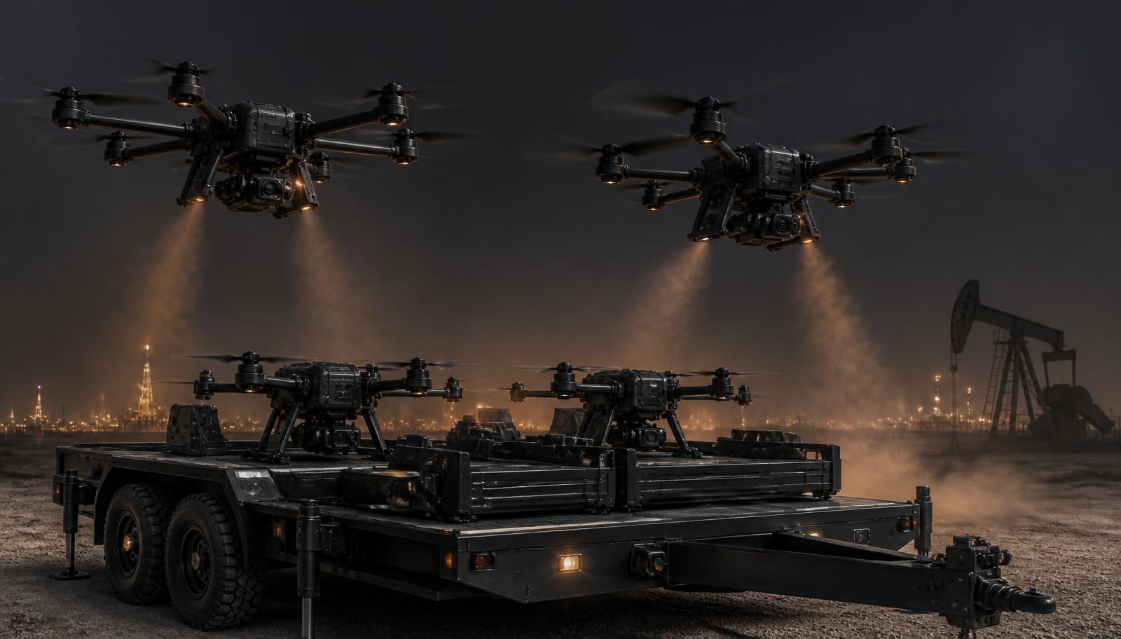 Engineering render of four Remuda gas-hybrid octocopters launching from a towed trailer over a well pad