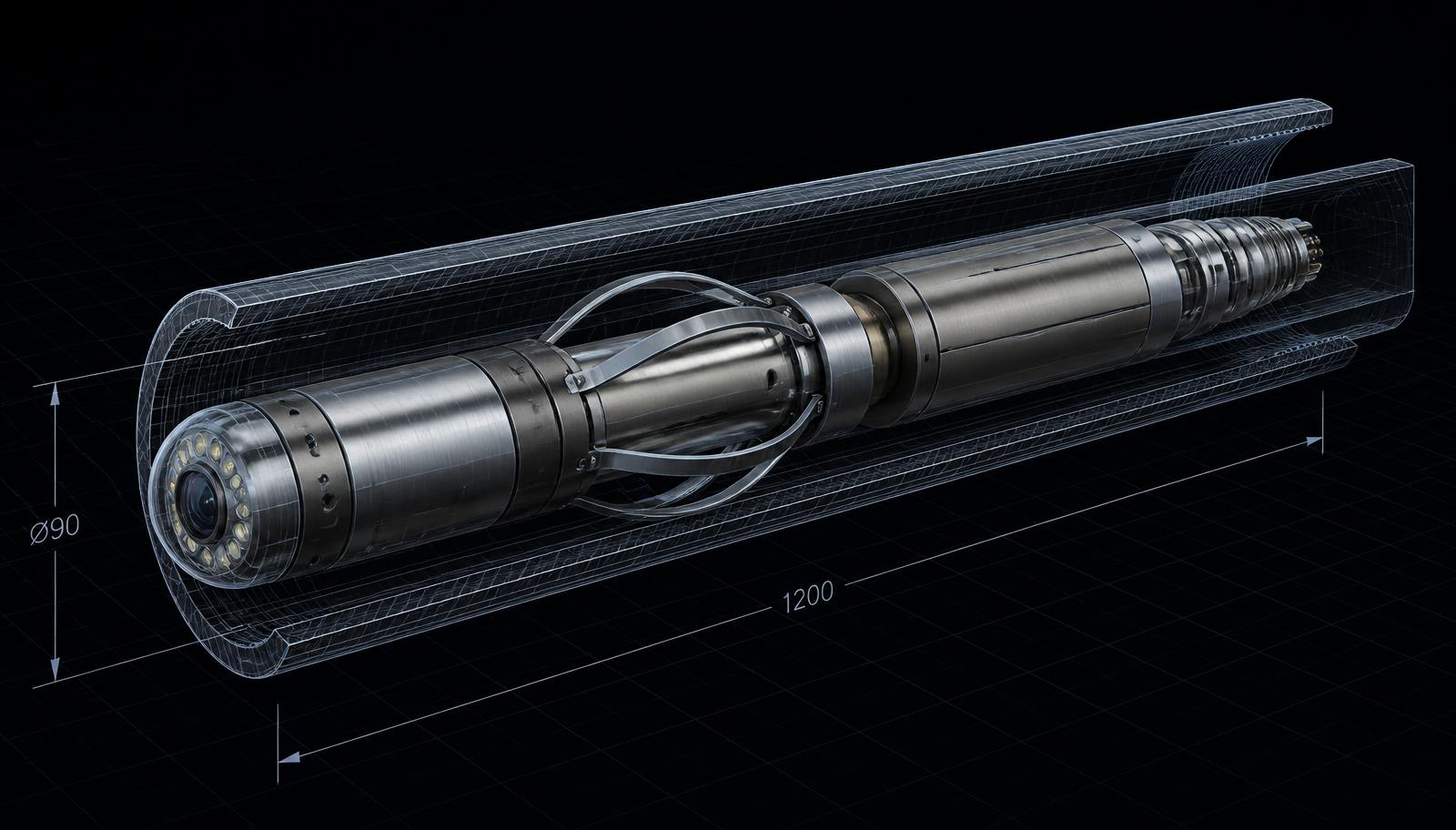 Engineering render of the Sounder downhole inspection tool inside a casing cutaway