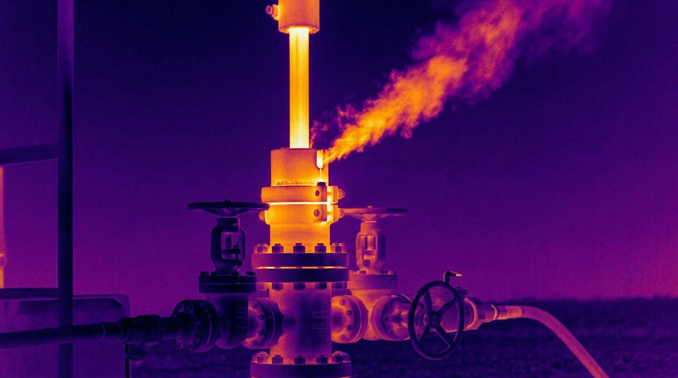 False-color optical gas imaging frame of a hydrocarbon plume escaping the stuffing box and valve bonnets of a rod-pumped wellhead